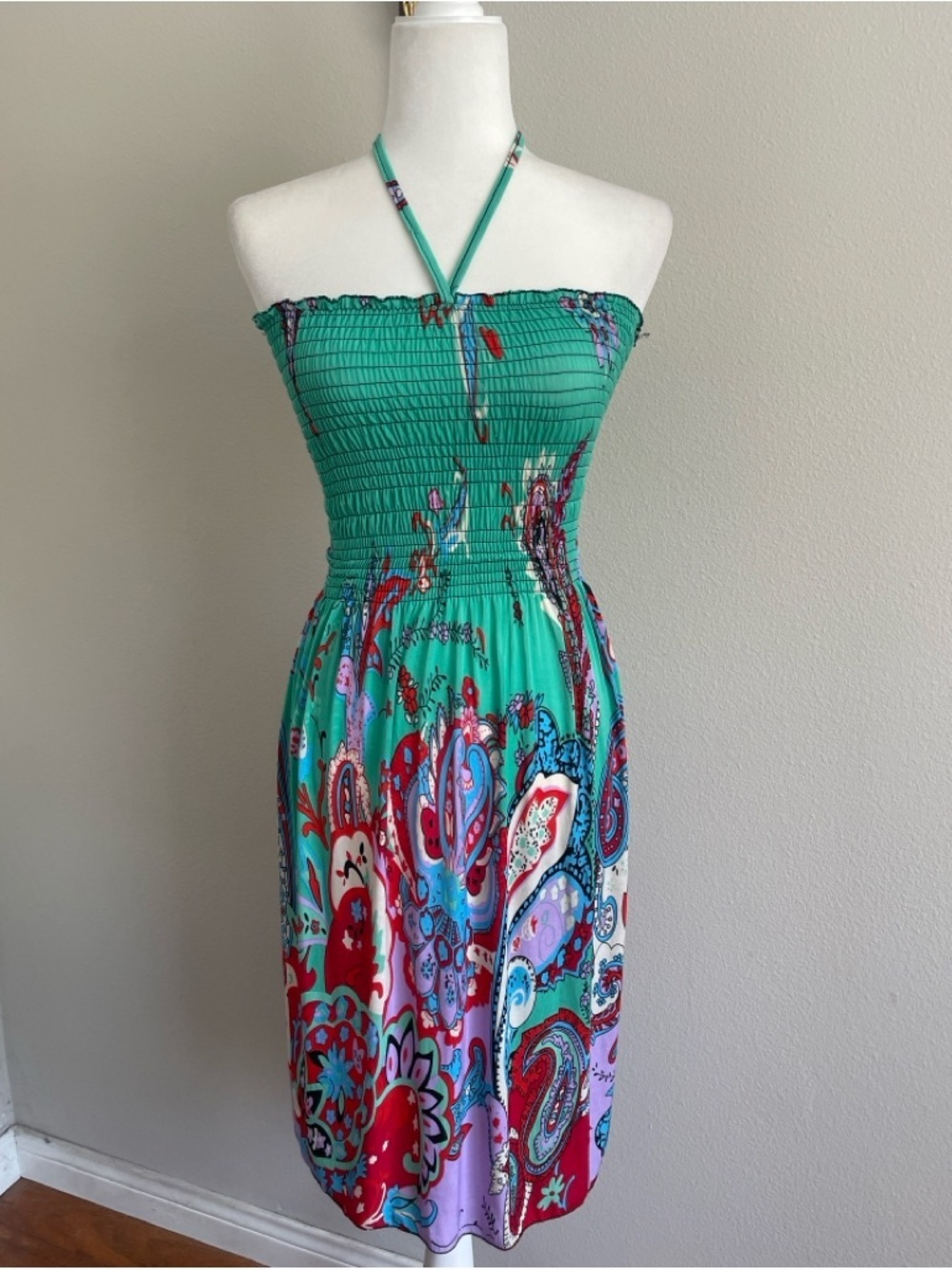 Carnival Fashion Strapless Smocked Teal Paisley Sundress Size L